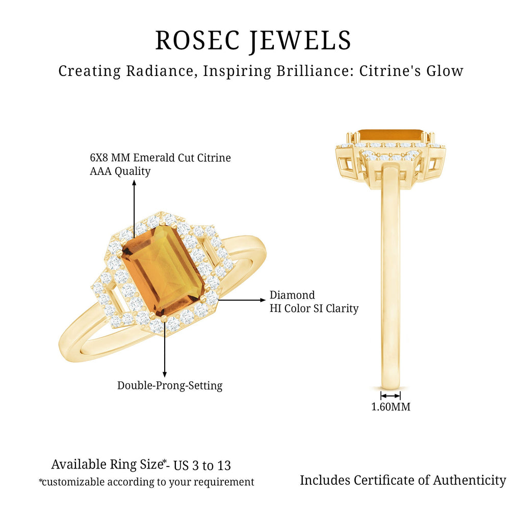 Genuine Citrine Emerald Cut Engagement Ring with Diamond Halo