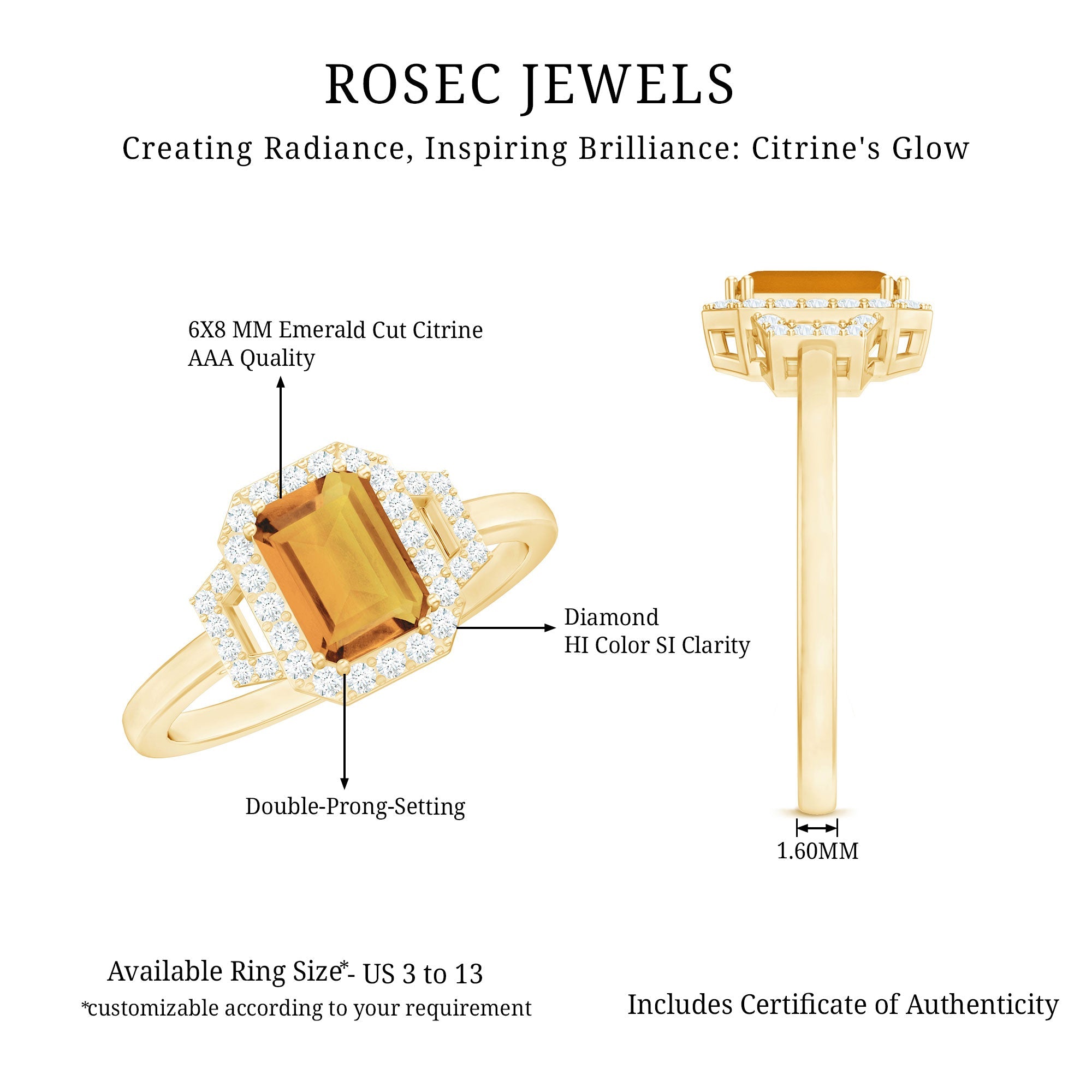 Genuine Citrine Emerald Cut Engagement Ring with Diamond Halo