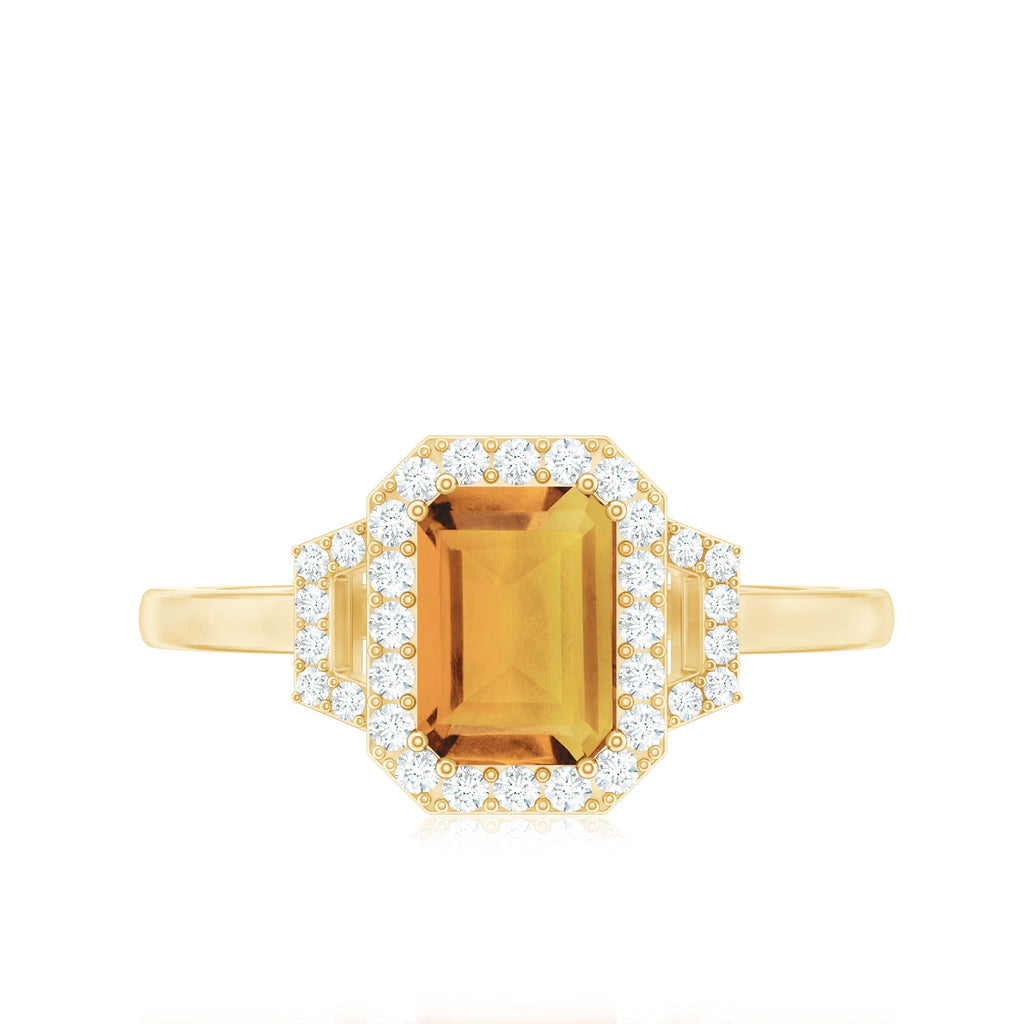 Genuine Citrine Emerald Cut Engagement Ring with Diamond Halo