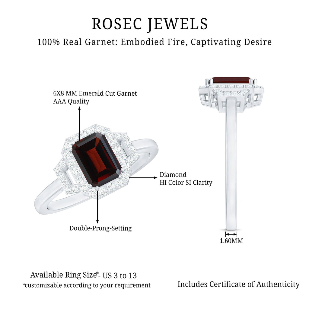 Real 2 Carat Garnet Emerald Cut Engagement Ring with Diamond Halo