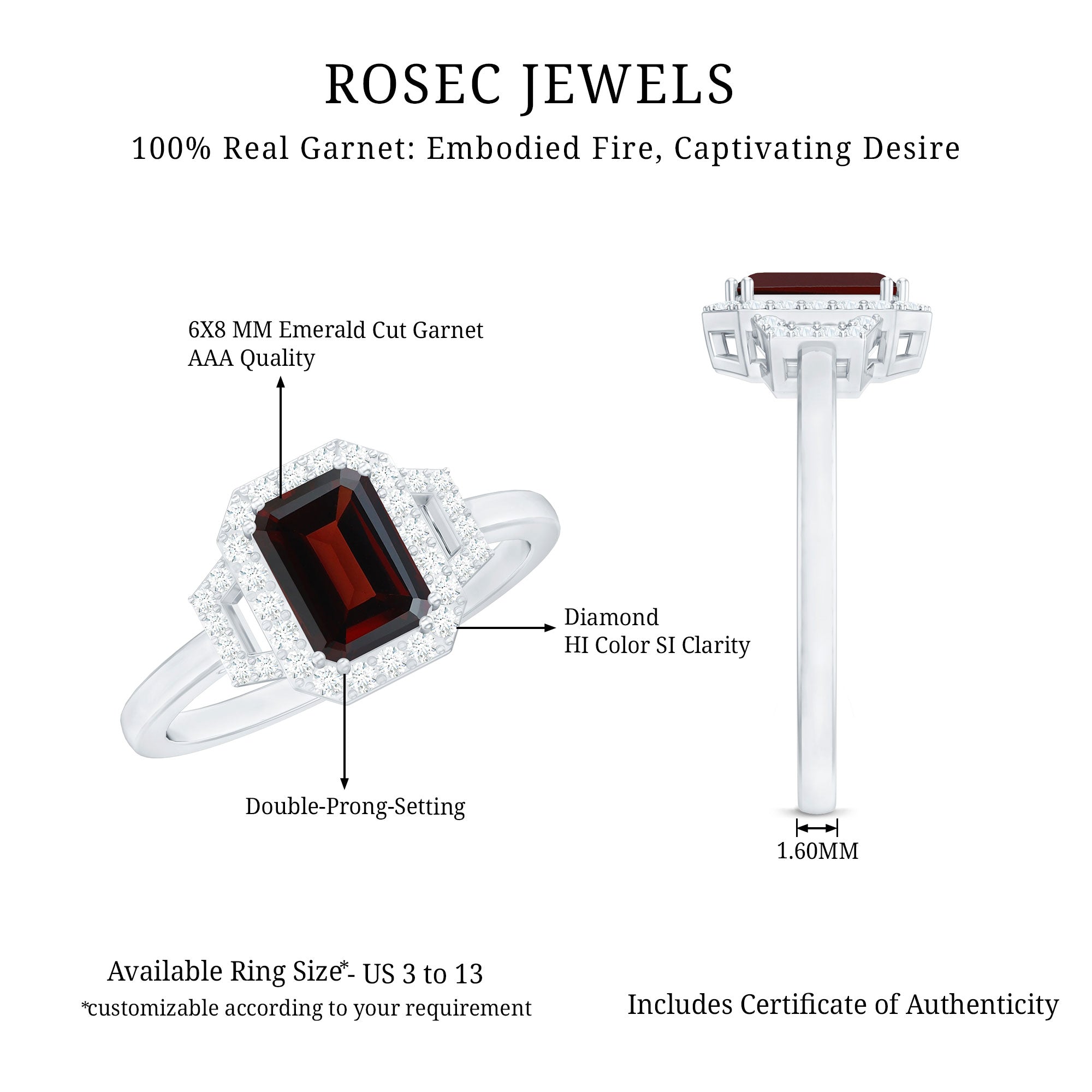 Real 2 Carat Garnet Emerald Cut Engagement Ring with Diamond Halo