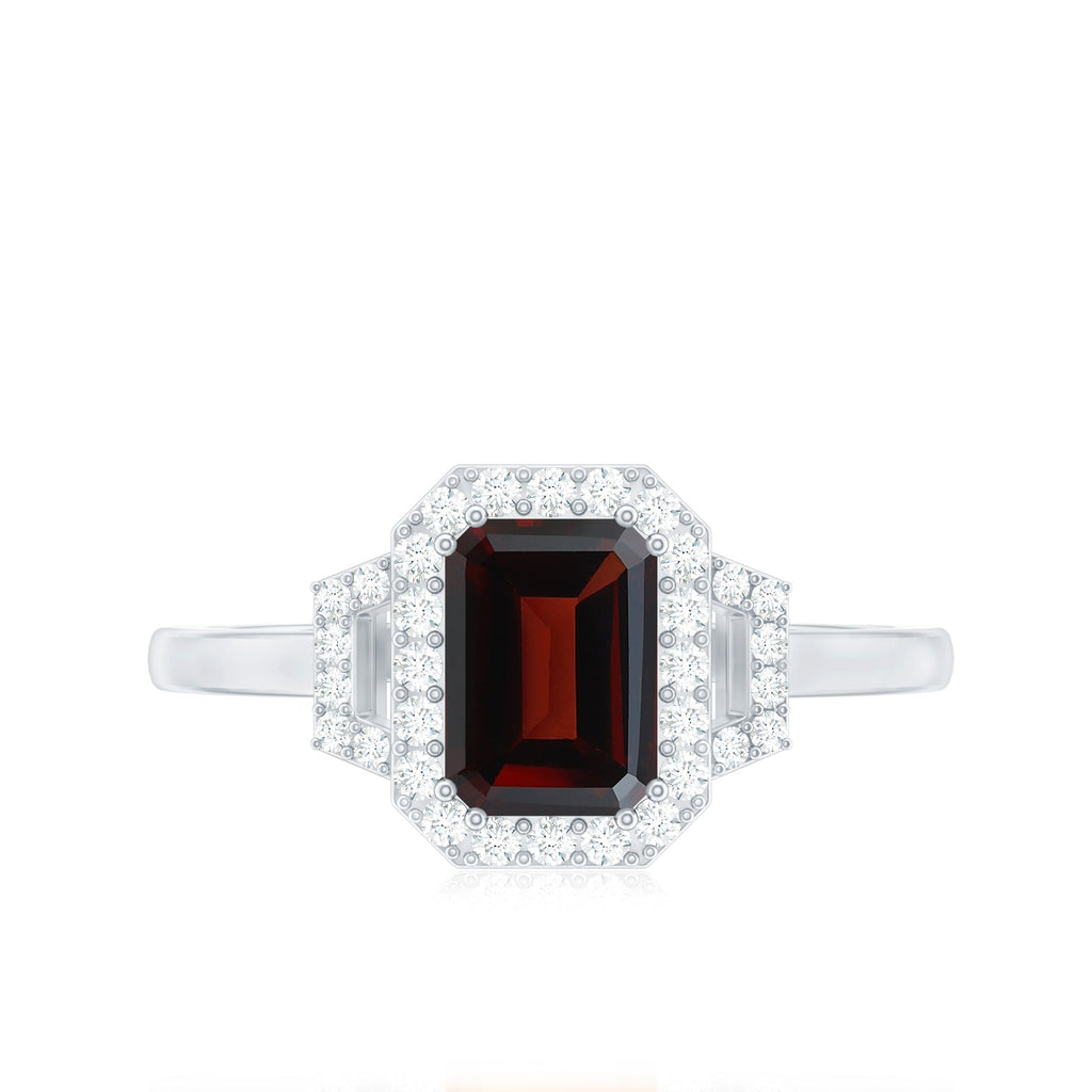 Real 2 Carat Garnet Emerald Cut Engagement Ring with Diamond Halo