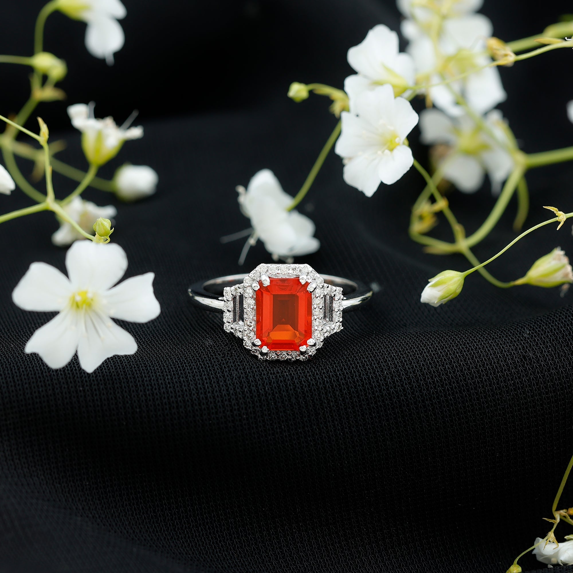 1 Carat Emerald Cut Fire Opal Engagement Ring with Diamond