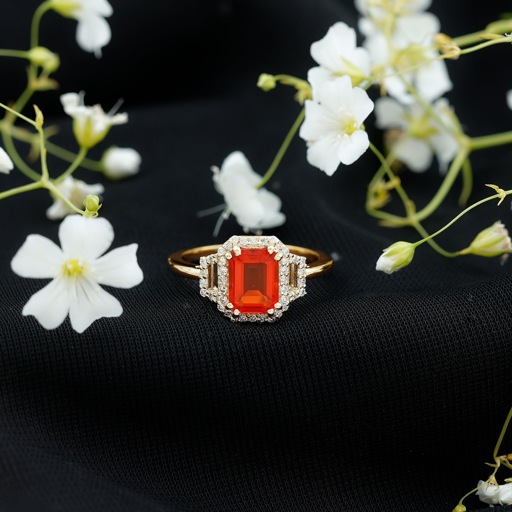 1 Carat Emerald Cut Fire Opal Engagement Ring with Diamond