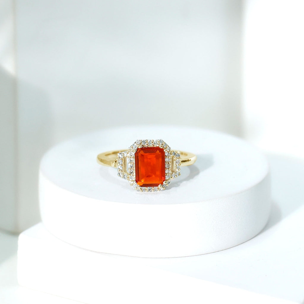 1 Carat Emerald Cut Fire Opal Engagement Ring with Diamond