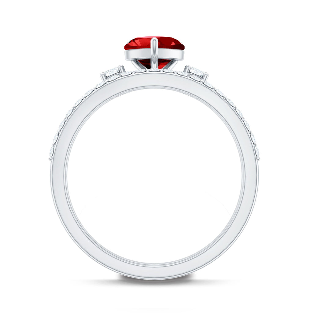 Heart Shape Created Ruby Ring Set with Diamond Enhancer