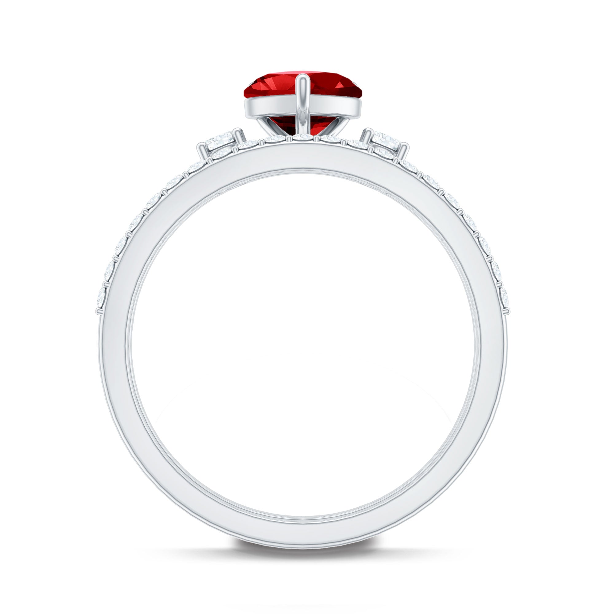 Heart Shape Created Ruby Ring Set with Diamond Enhancer