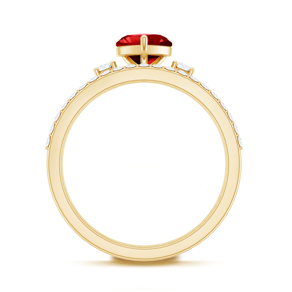 Heart Shape Created Ruby Ring Set with Diamond Enhancer