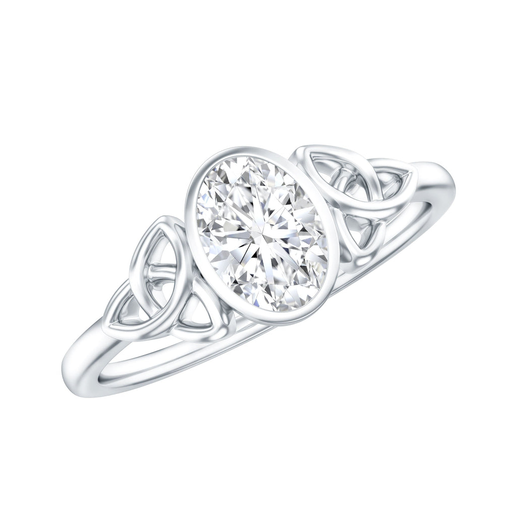 Oval Moissanite Solitaire Celtic Knot Ring in Bezel Setting