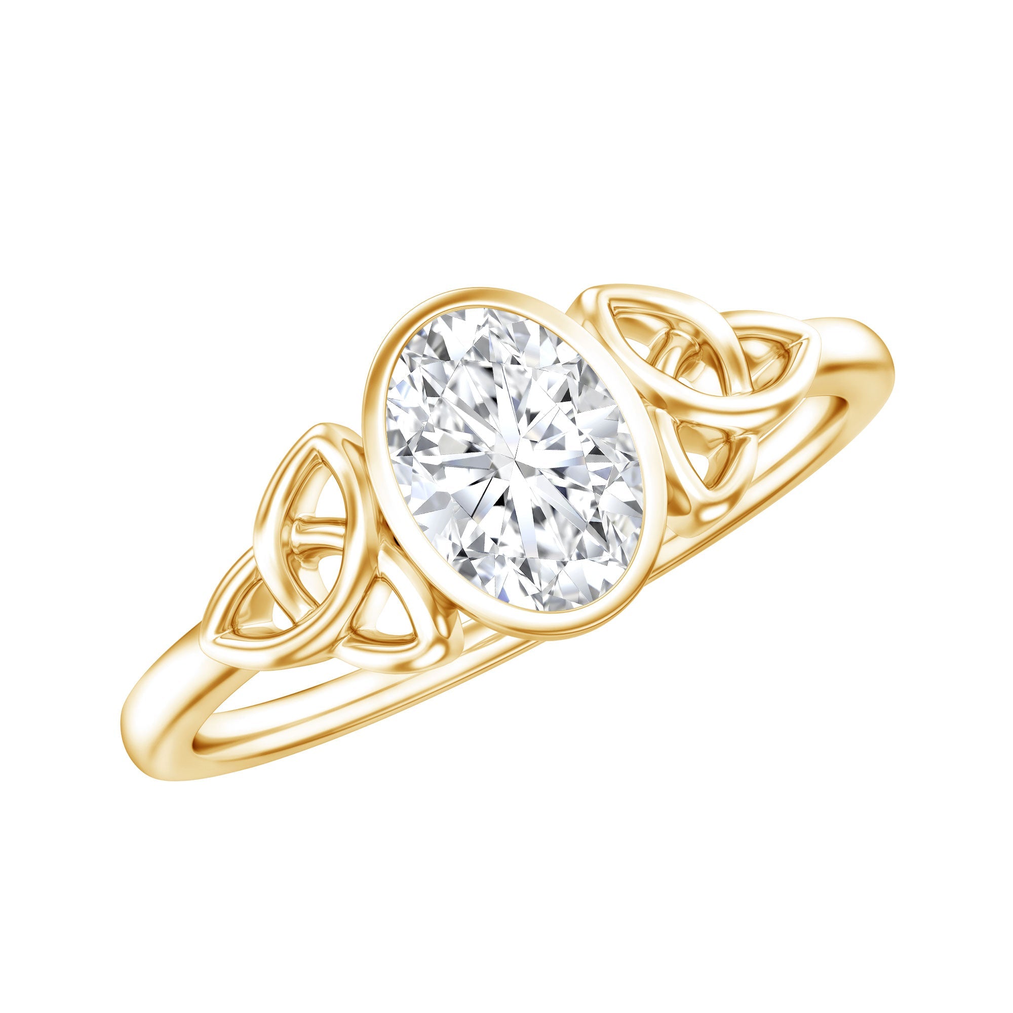 Oval Moissanite Solitaire Celtic Knot Ring in Bezel Setting
