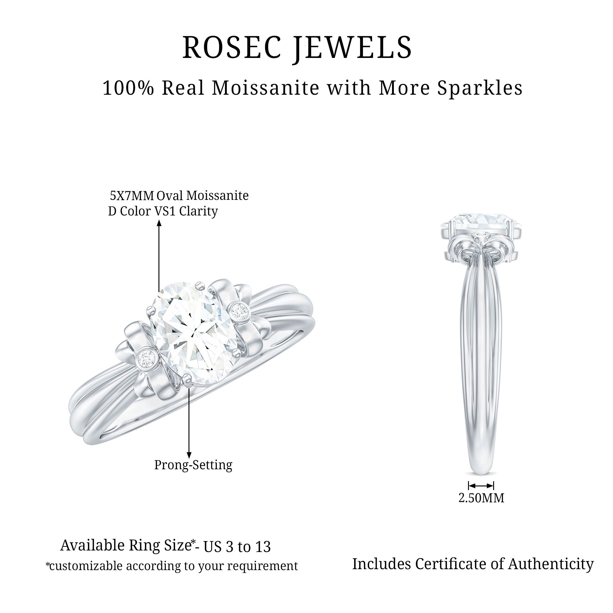 Oval Cut Moissanite Solitaire Engagement Ring with Bow Design
