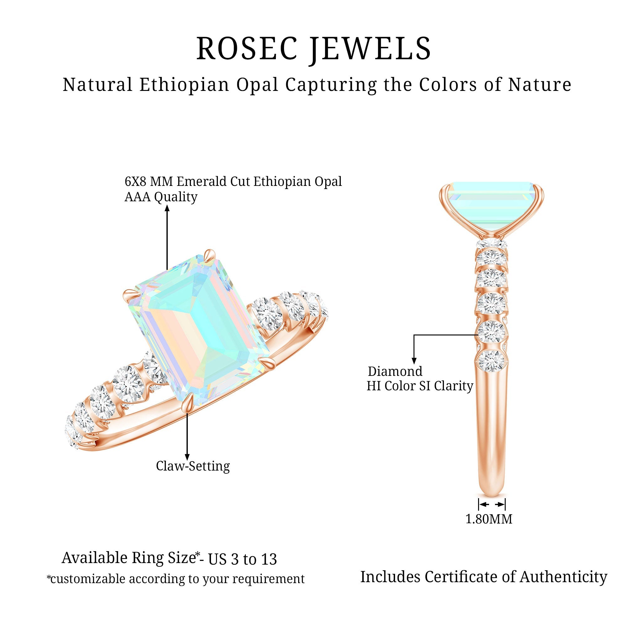 Genuine Ethiopian Opal Emerald Cut Engagement Ring with Diamond Side Stones