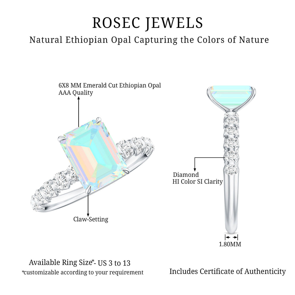 Genuine Ethiopian Opal Emerald Cut Engagement Ring with Diamond Side Stones