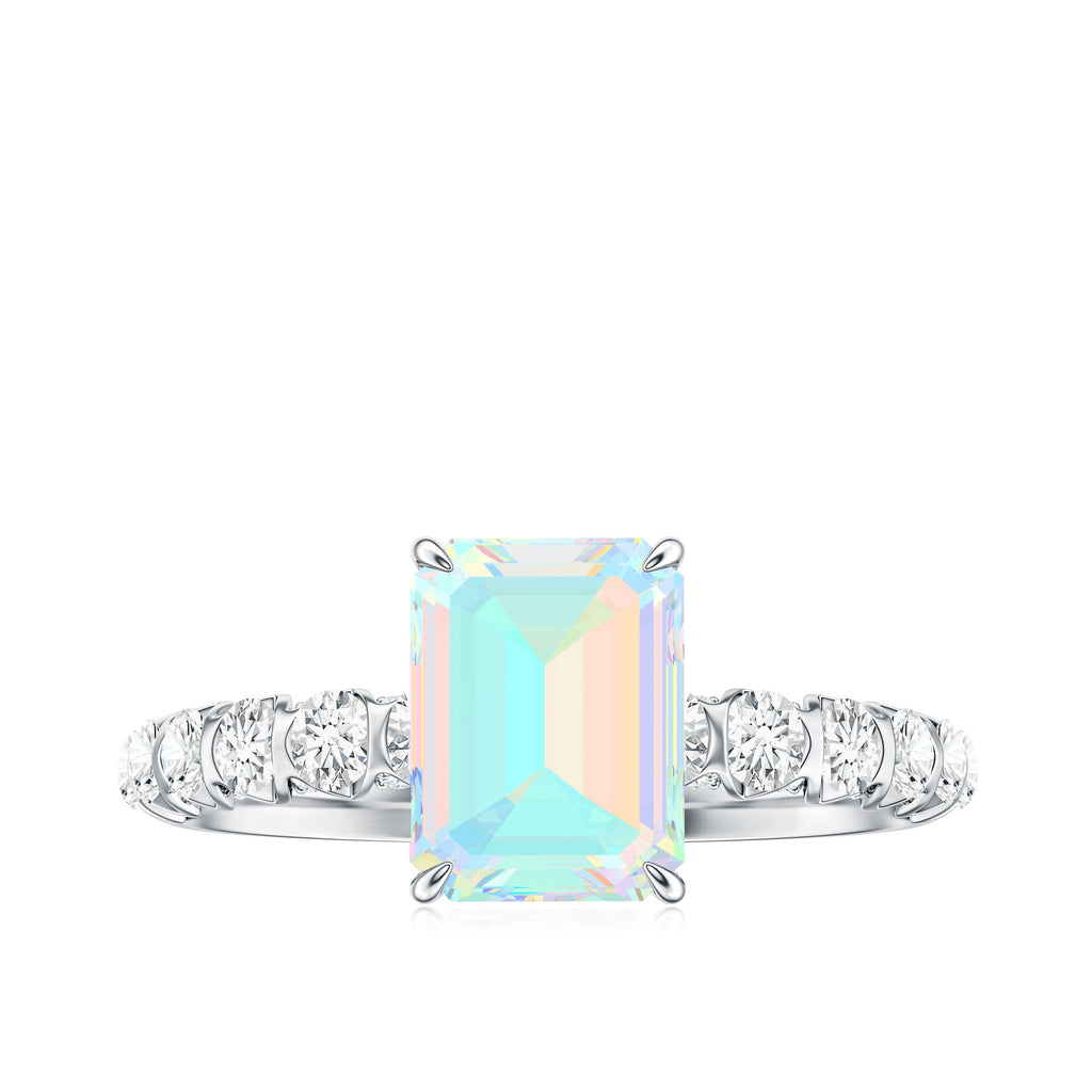 Genuine Ethiopian Opal Emerald Cut Engagement Ring with Diamond Side Stones