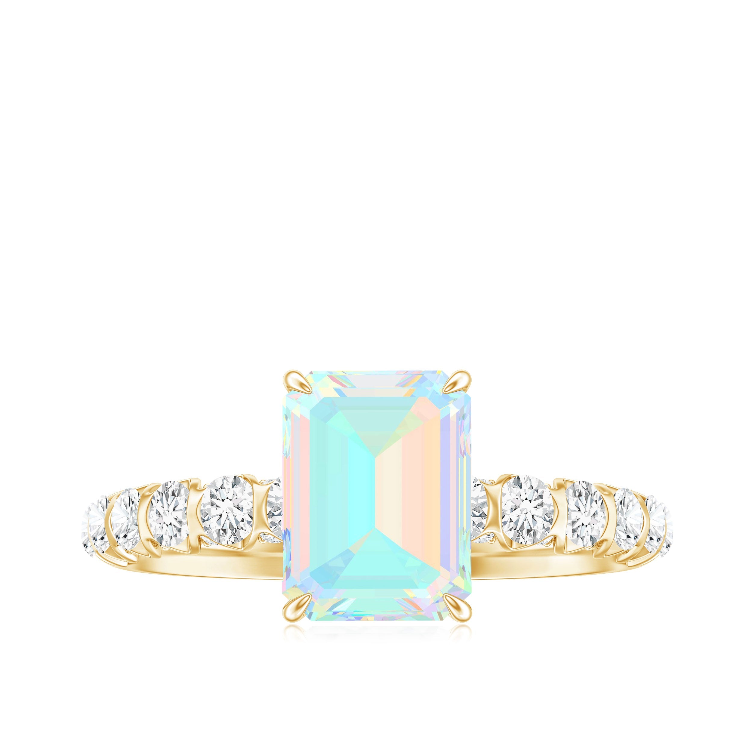Genuine Ethiopian Opal Emerald Cut Engagement Ring with Diamond Side Stones