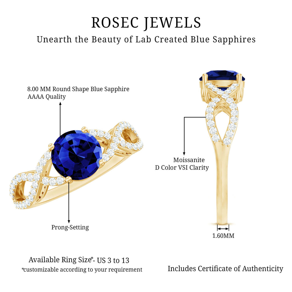 Certified Lab Grown Blue Sapphire Round Engagement Ring With Moissanite