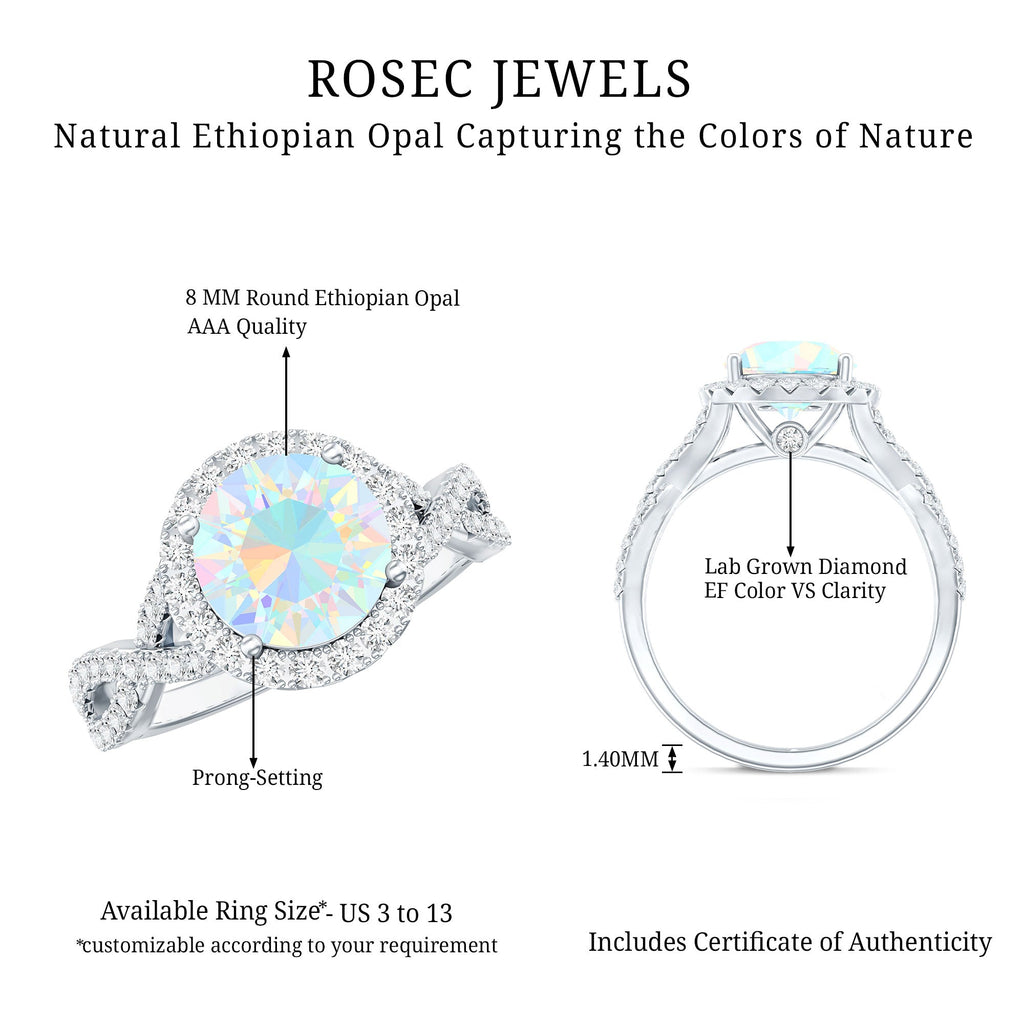 Real 2 Carat Ethiopian Opal Halo Engagement Ring with Crossover Shank