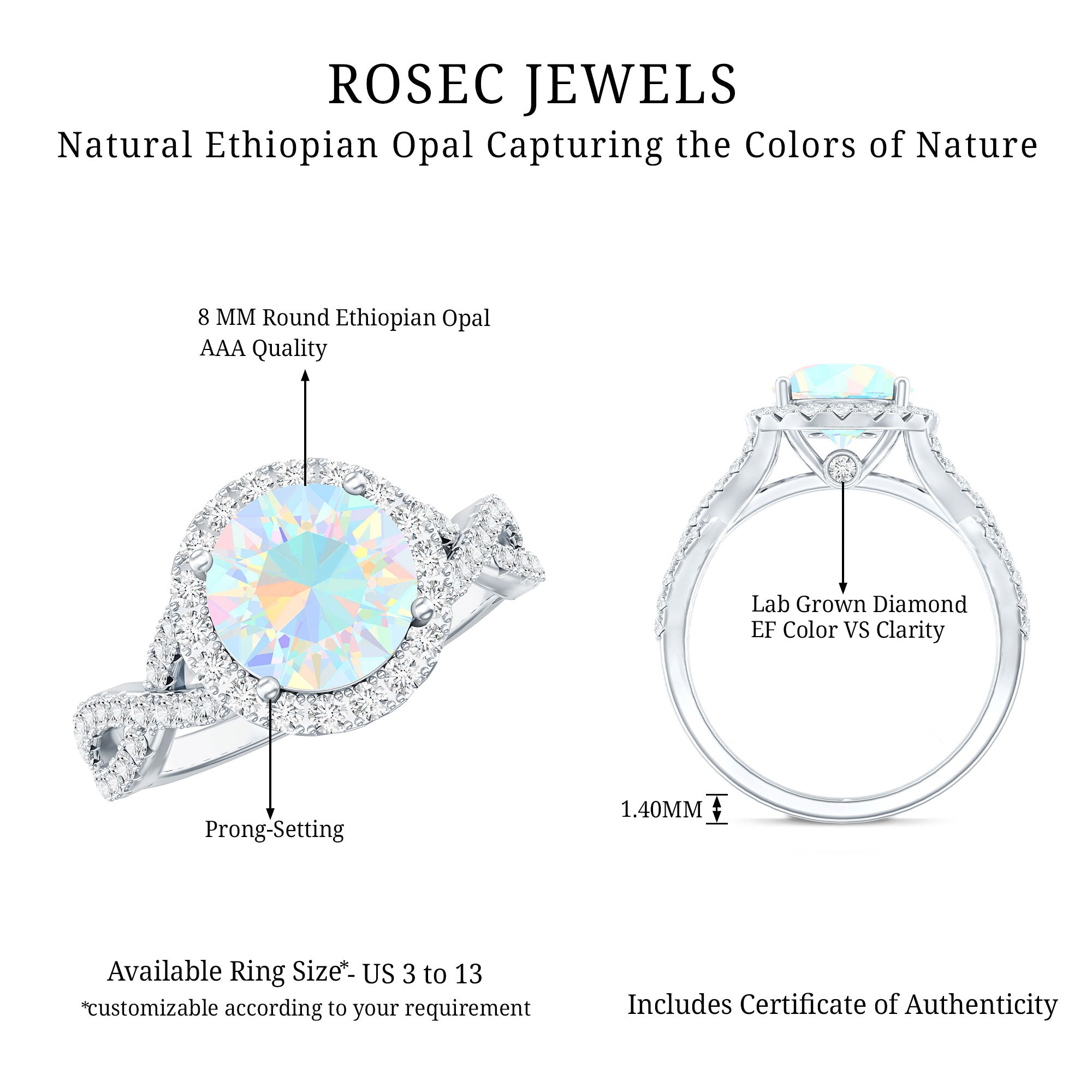 Real 2 Carat Ethiopian Opal Halo Engagement Ring with Crossover Shank