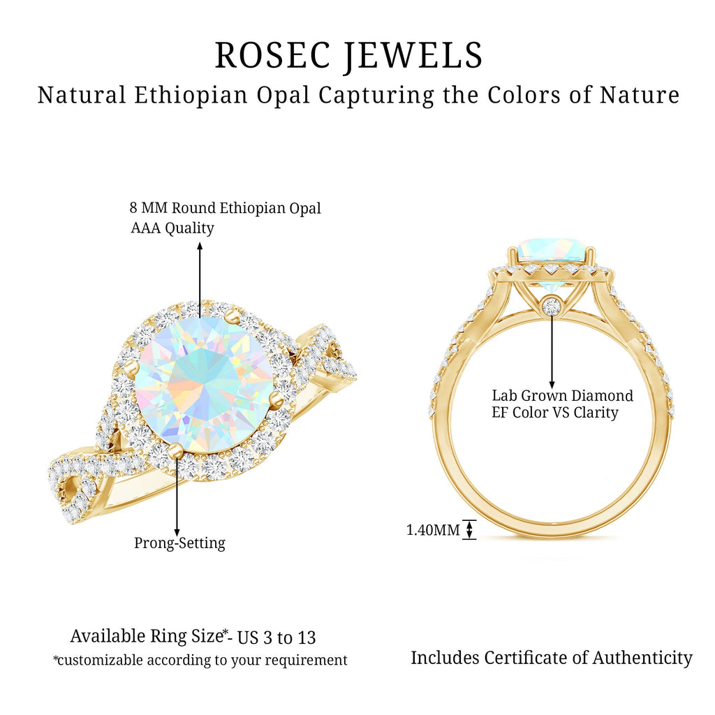 Real 2 Carat Ethiopian Opal Halo Engagement Ring with Crossover Shank