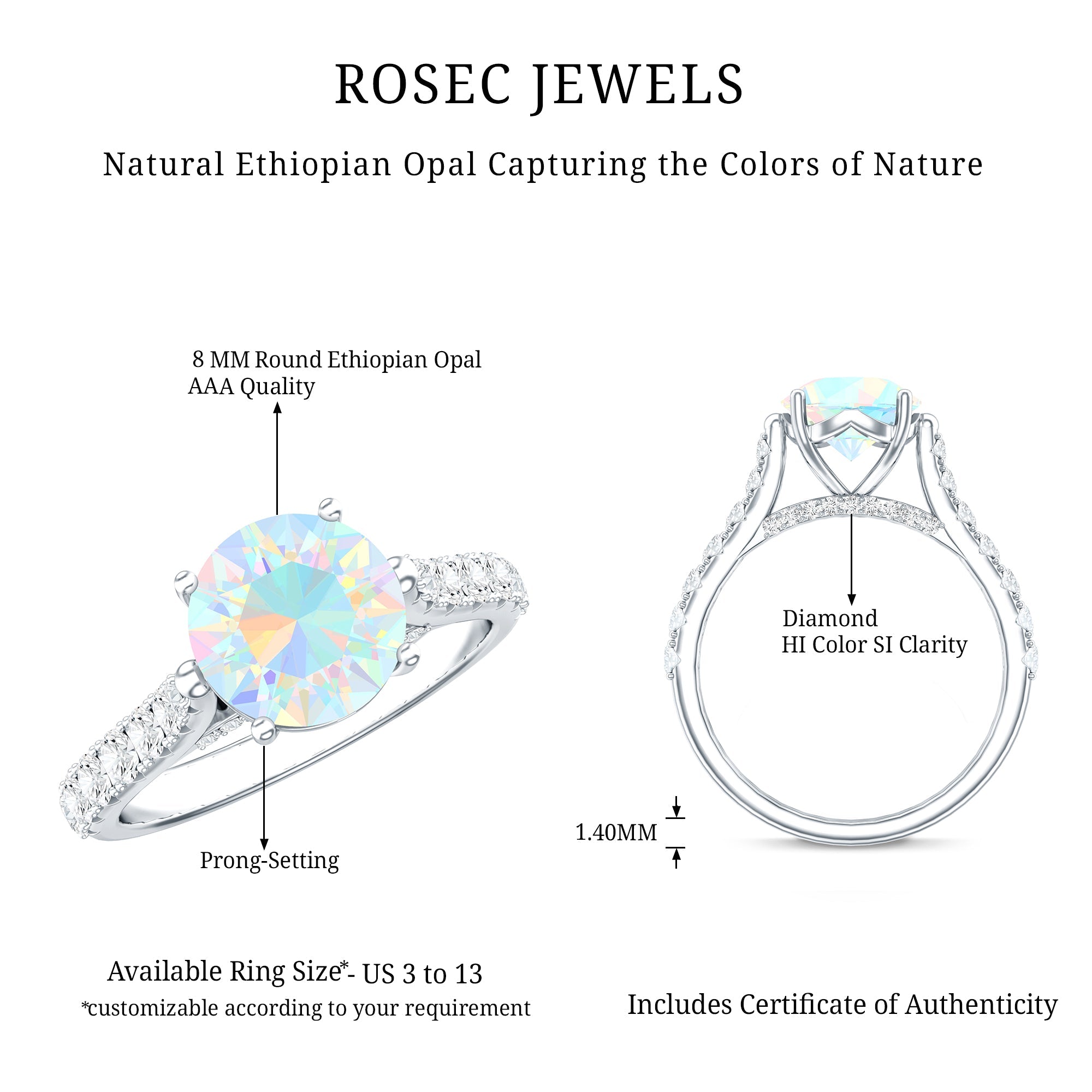 Natural 2 Carat Ethiopian Opal Diamond Engagement Ring with Side Stones