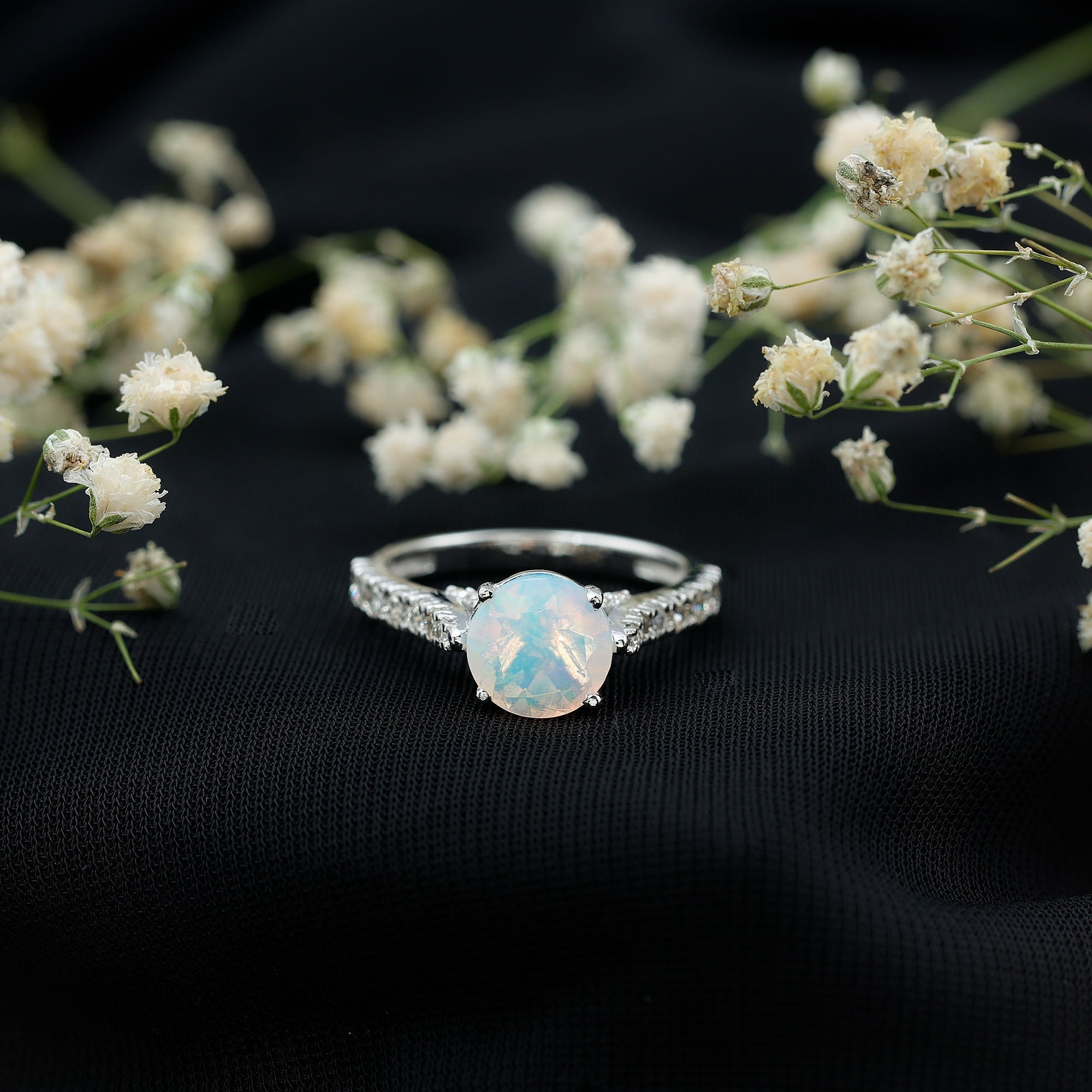 Natural 2 Carat Ethiopian Opal Diamond Engagement Ring with Side Stones