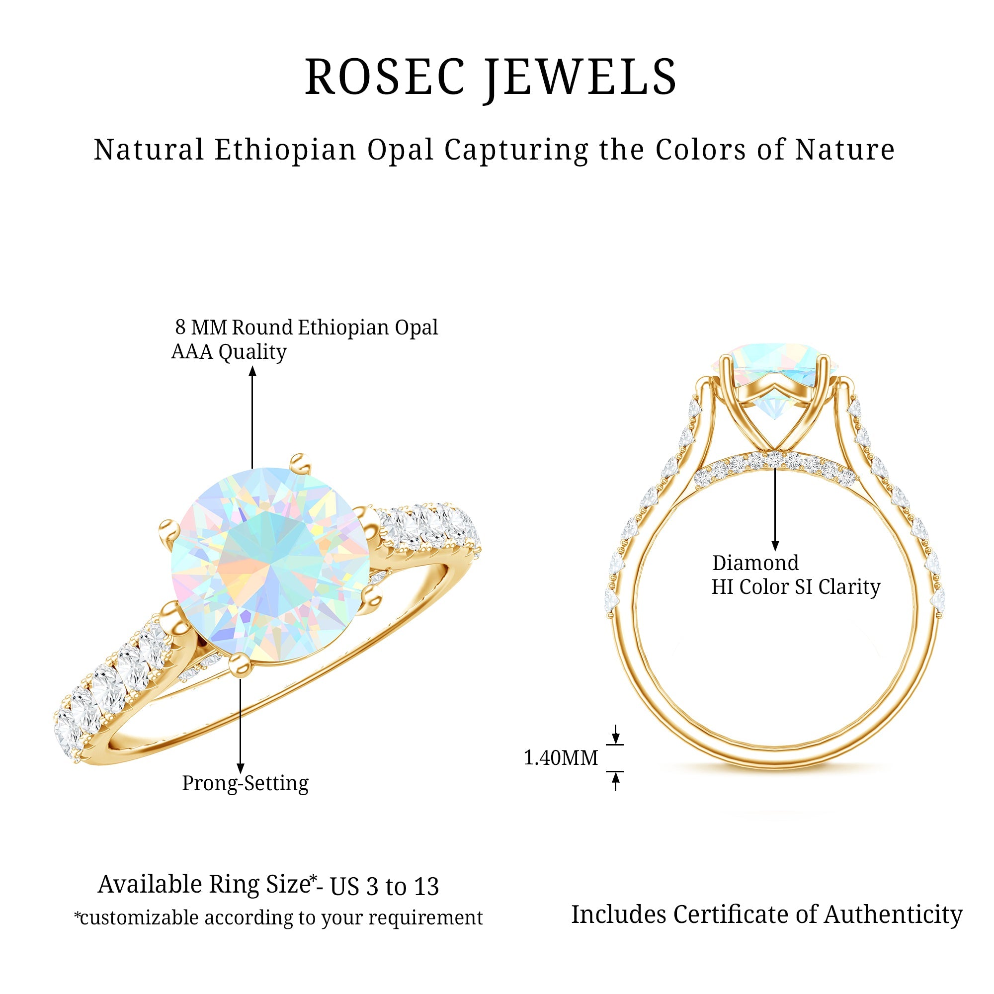 Natural 2 Carat Ethiopian Opal Diamond Engagement Ring with Side Stones