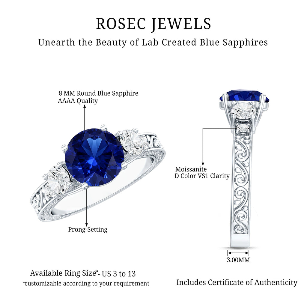 Round Created Blue Sapphire and Moissanite Art Deco Engagement Ring in Gold