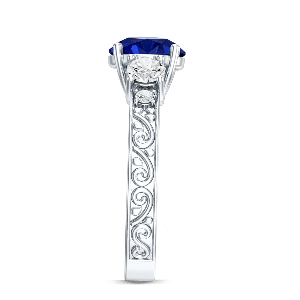 Round Created Blue Sapphire and Moissanite Art Deco Engagement Ring in Gold