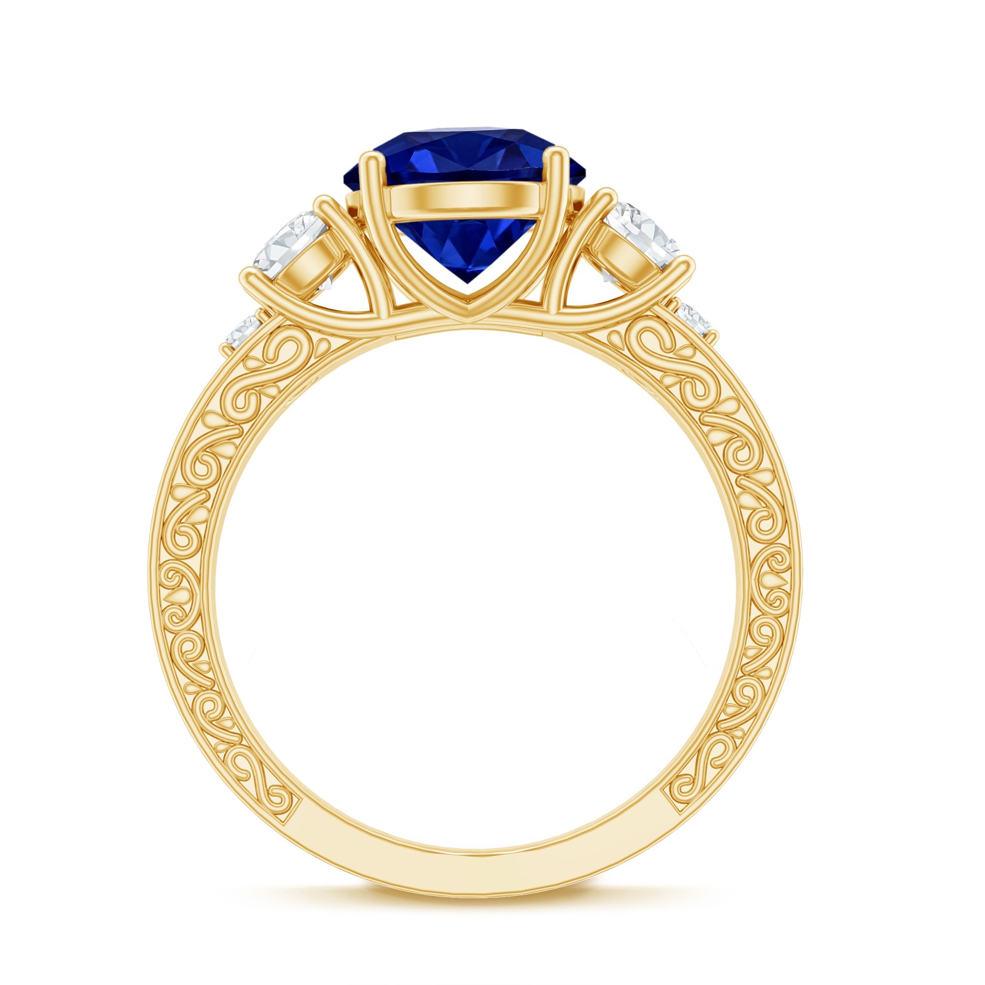 Round Created Blue Sapphire and Moissanite Art Deco Engagement Ring in Gold