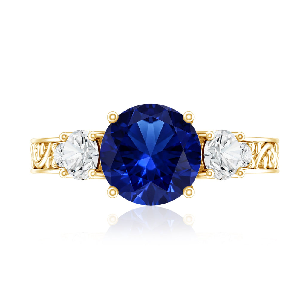 Round Created Blue Sapphire and Moissanite Art Deco Engagement Ring in Gold