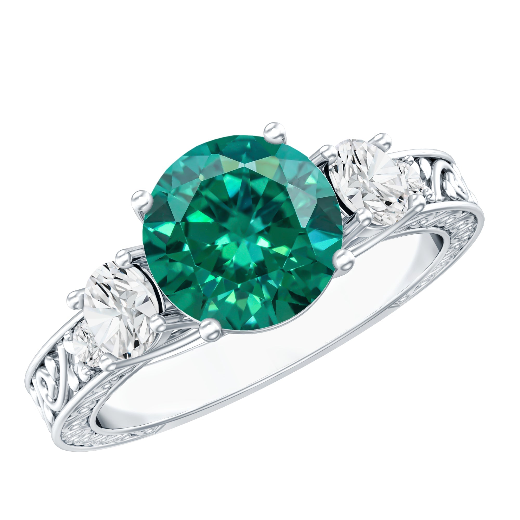 Antique Style Lab Grown Emerald Three Stone Engagement Ring with Moissanite
