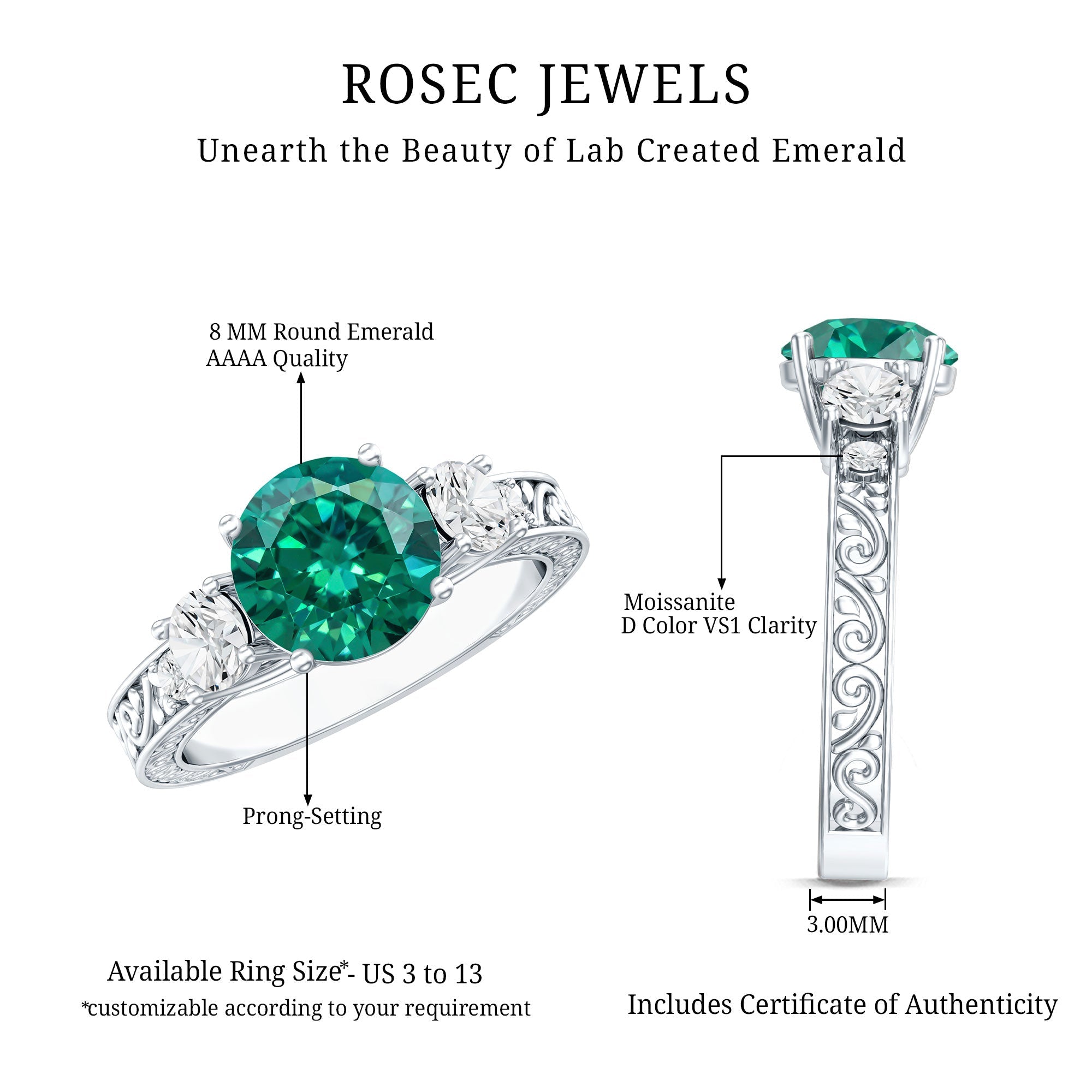 Antique Style Lab Grown Emerald Three Stone Engagement Ring with Moissanite