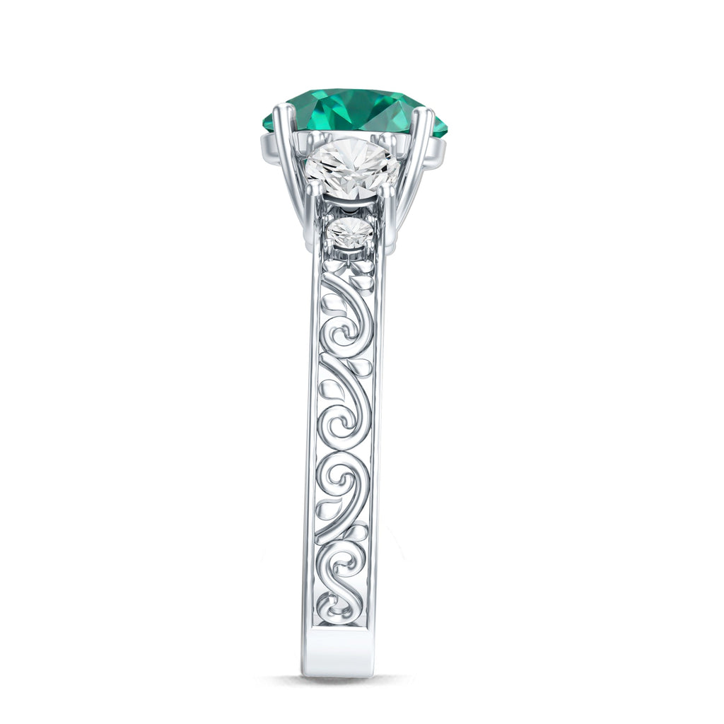 Antique Style Lab Grown Emerald Three Stone Engagement Ring with Moissanite