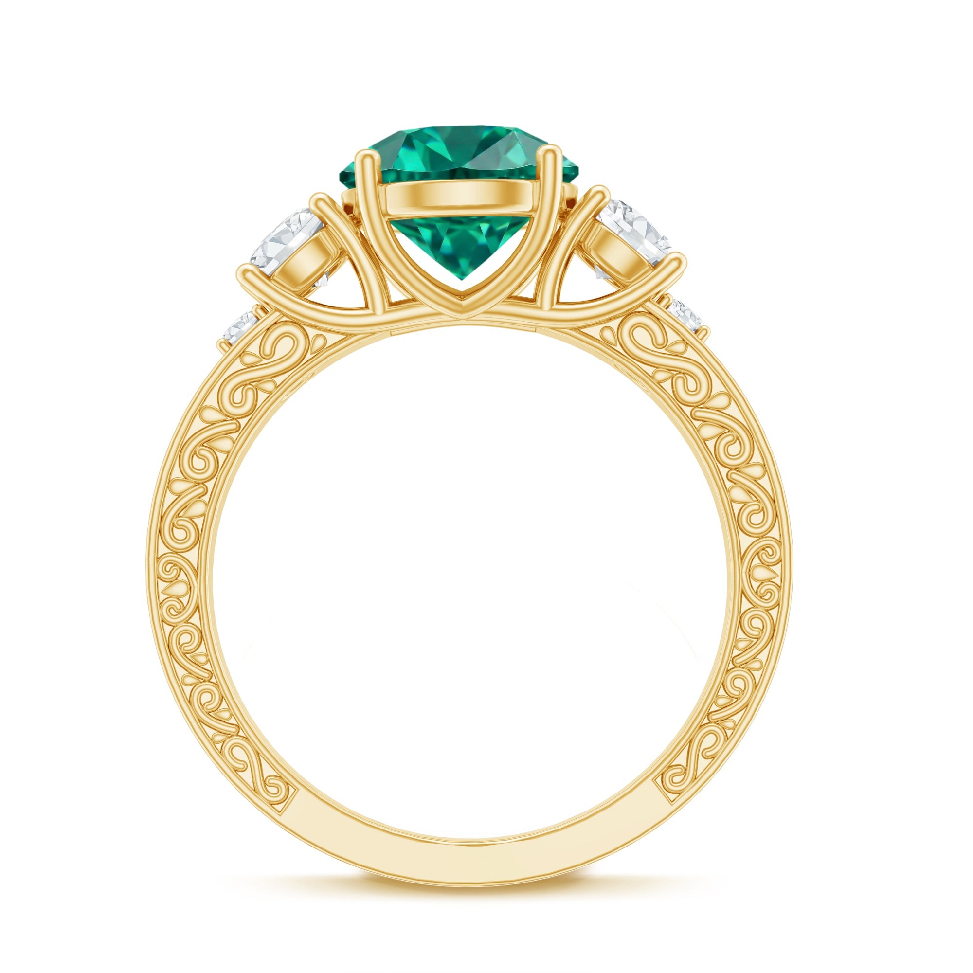 Antique Style Lab Grown Emerald Three Stone Engagement Ring with Moissanite