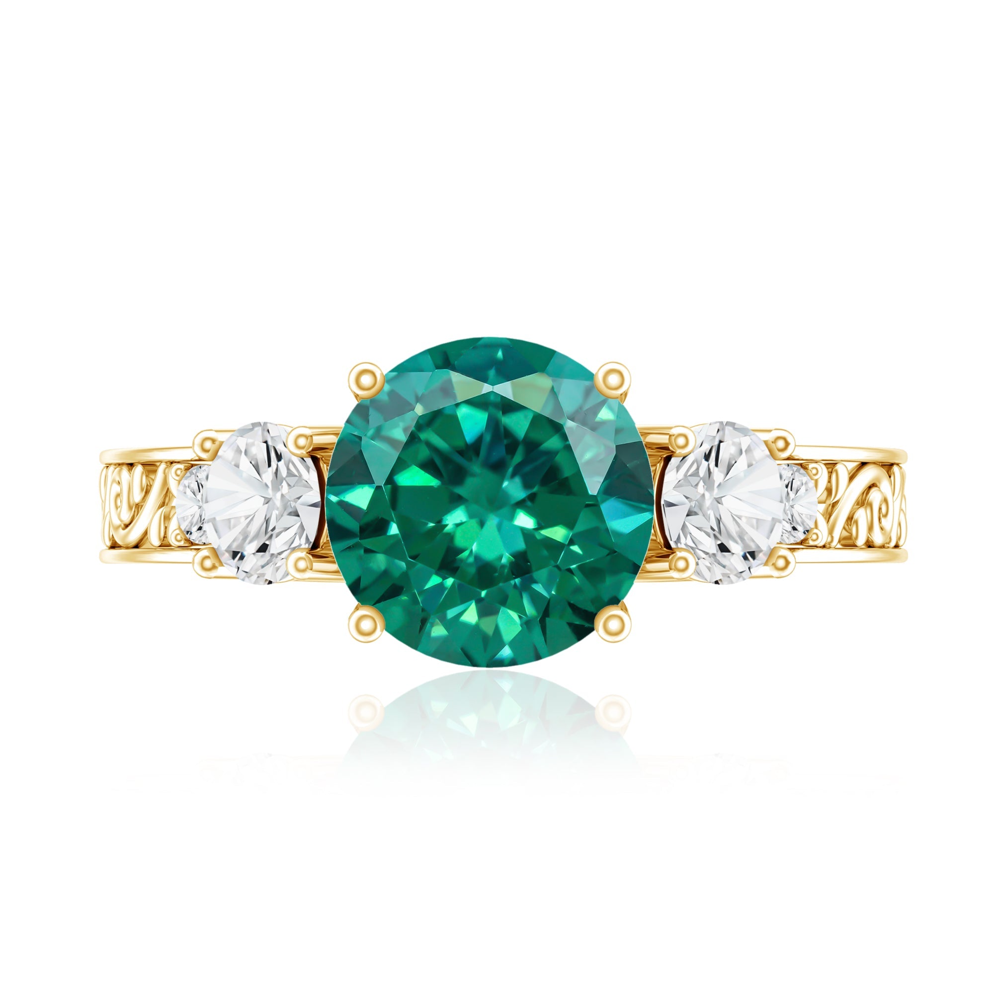 Antique Style Lab Grown Emerald Three Stone Engagement Ring with Moissanite