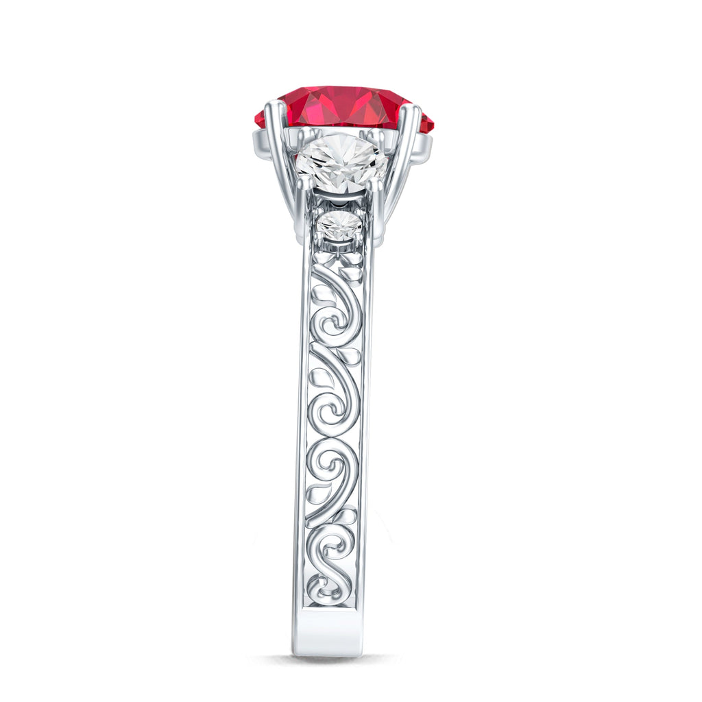 Lab Made 2.3 Carat Ruby and Moissanite 3 Stone Engagement Ring With Certificate
