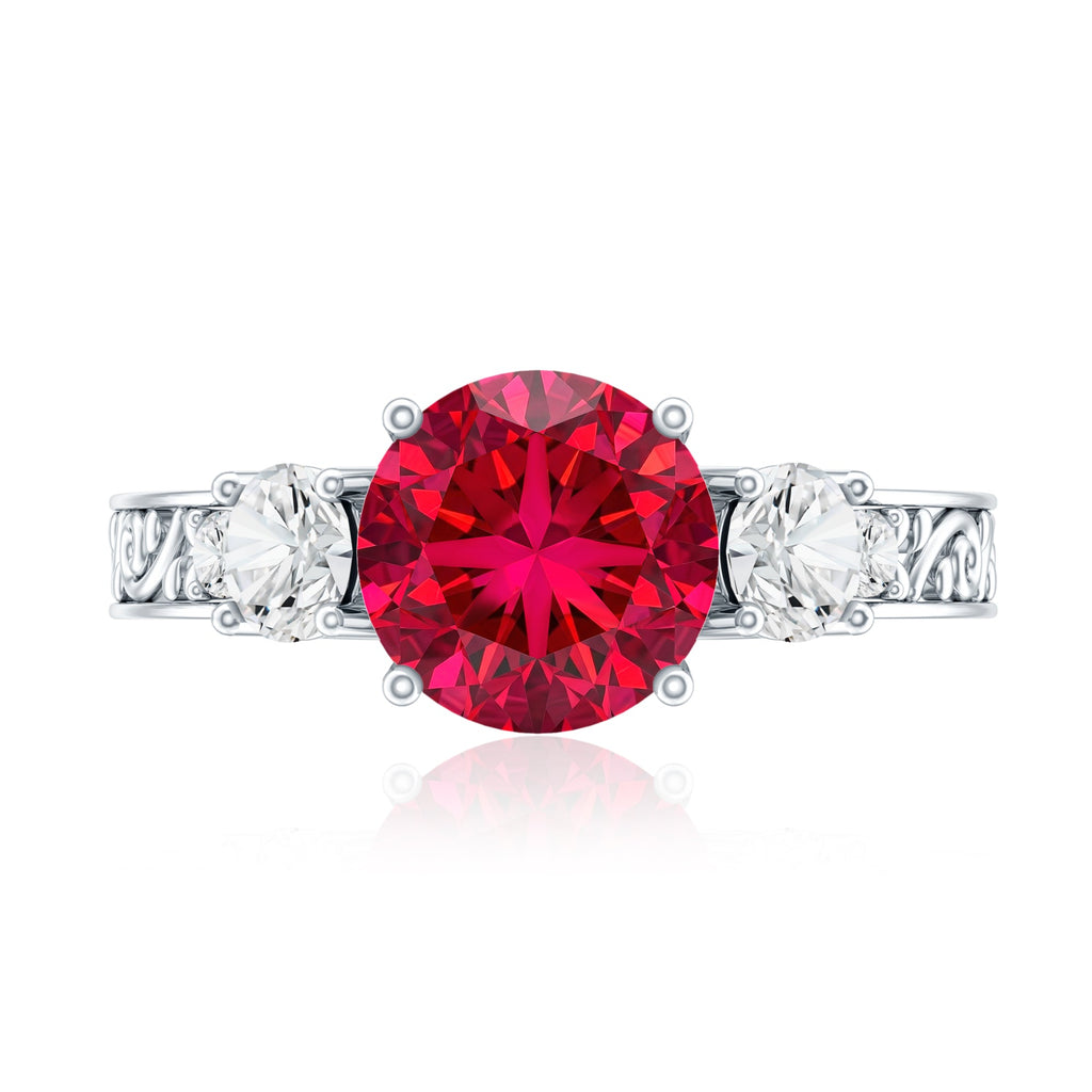Lab Made 2.3 Carat Ruby and Moissanite 3 Stone Engagement Ring With Certificate