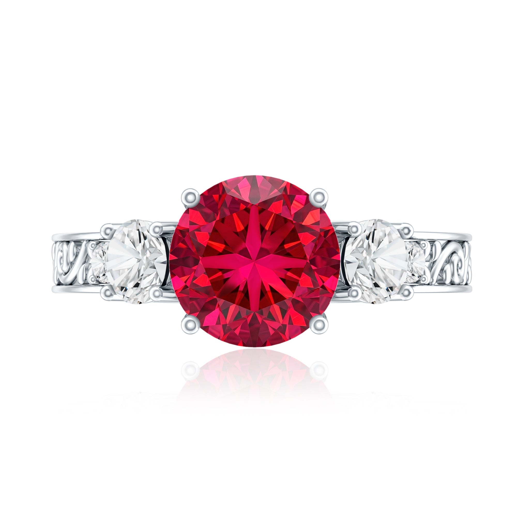 Lab Made 2.3 Carat Ruby and Moissanite 3 Stone Engagement Ring With Certificate