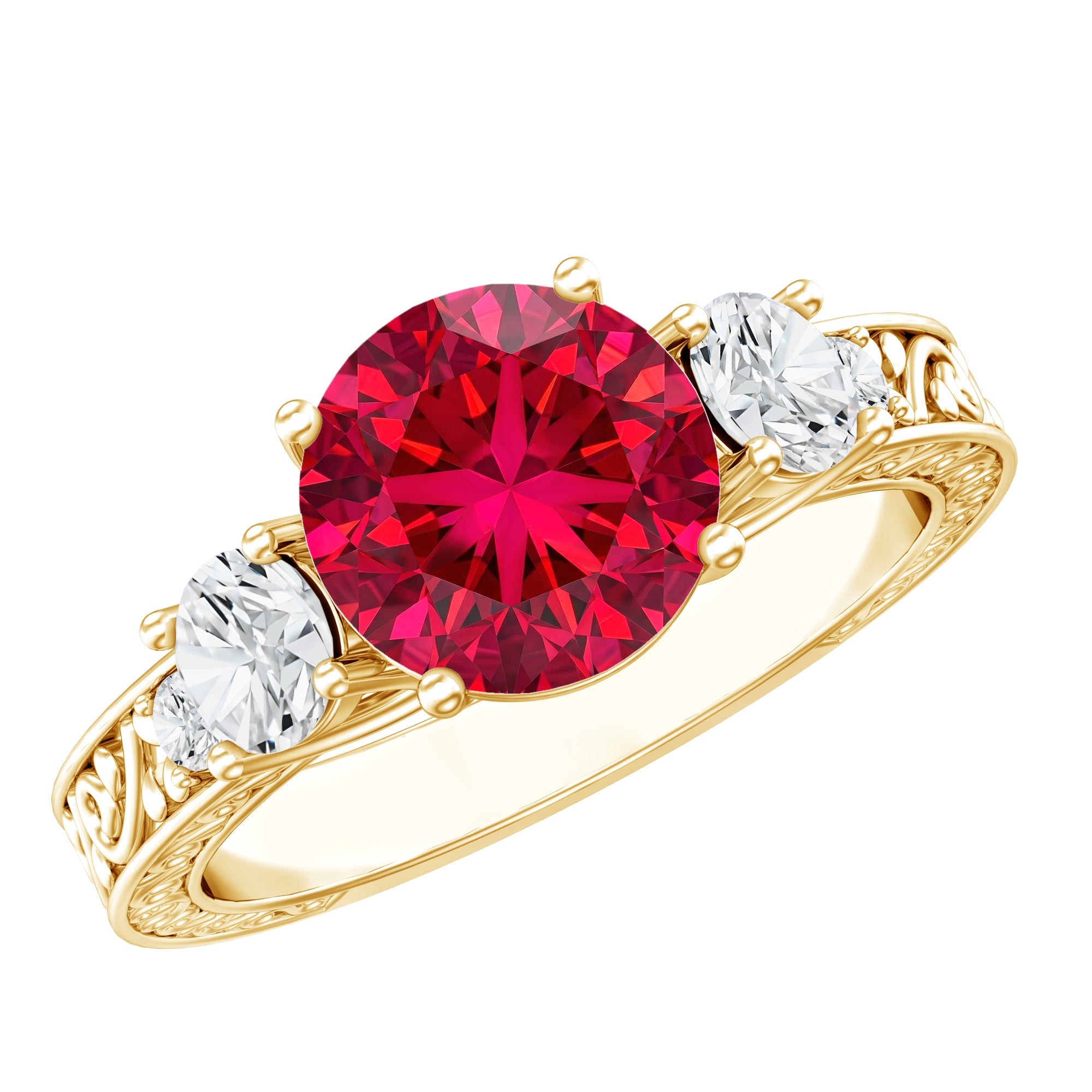 Lab Made 2.3 Carat Ruby and Moissanite 3 Stone Engagement Ring With Certificate