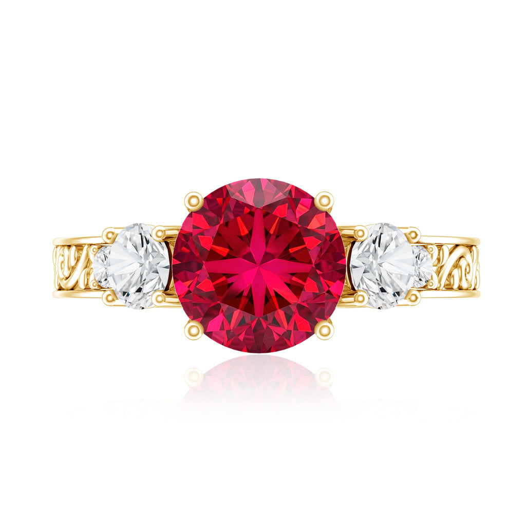 Lab Made 2.3 Carat Ruby and Moissanite 3 Stone Engagement Ring With Certificate