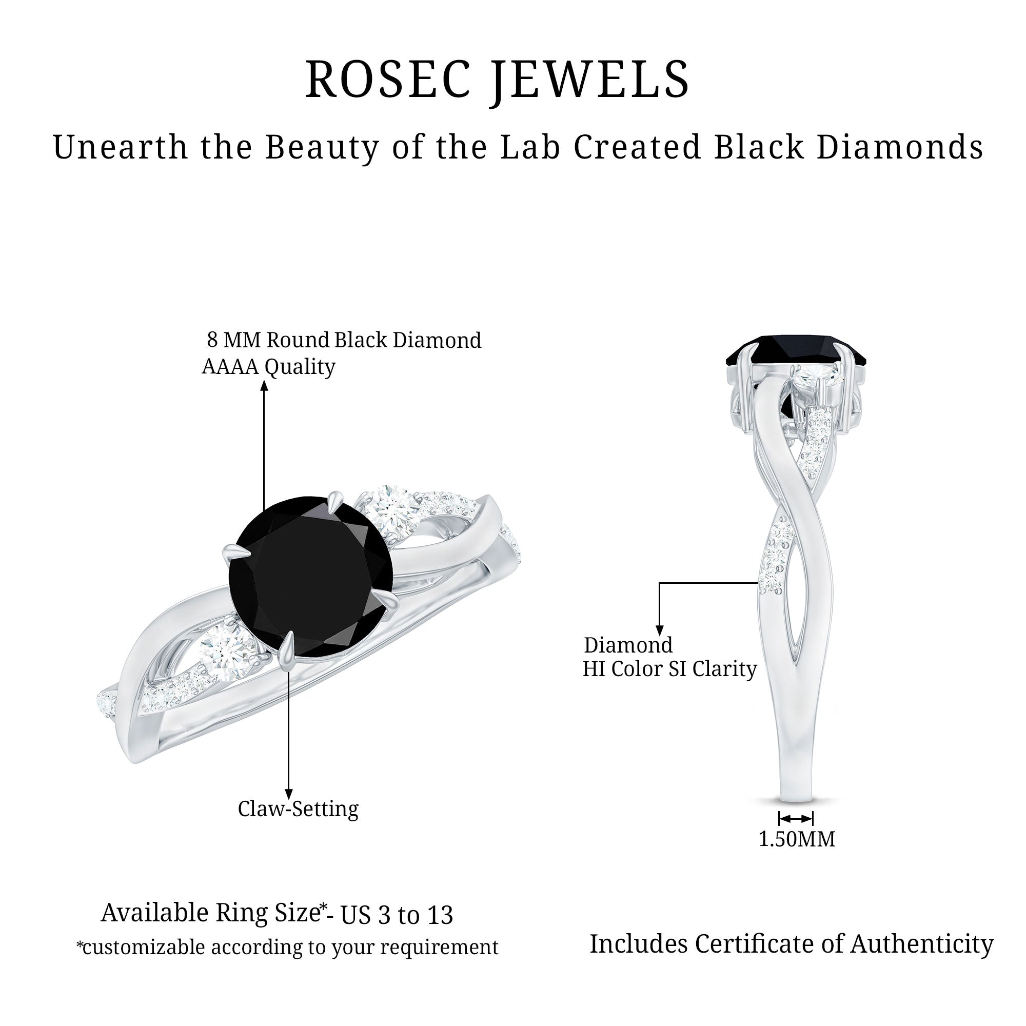 2 Carat Lab Grown Black and White Diamond Engagement Ring with Crossover Shank