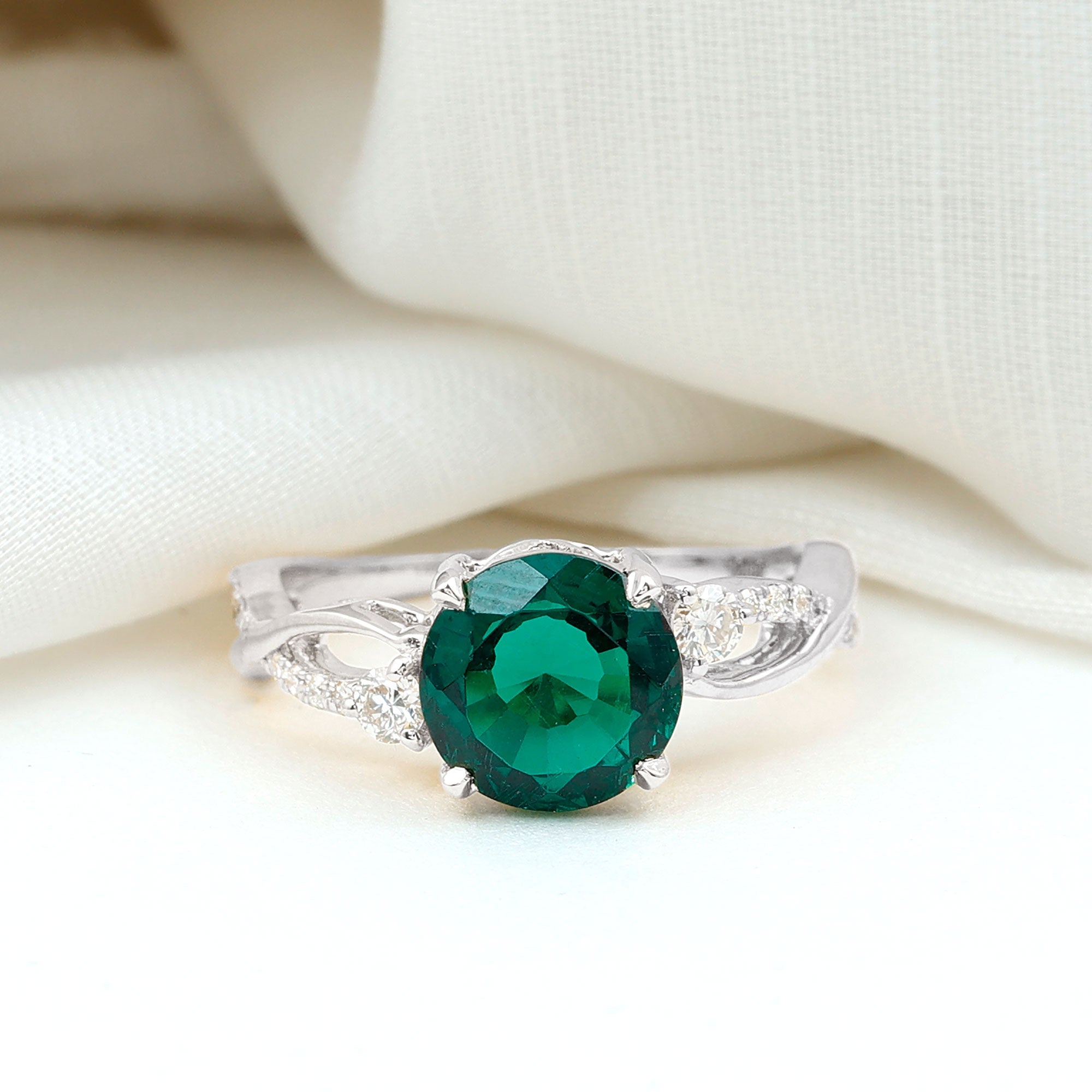 2 Carat Lab Grown Emerald and Diamond Engagement Ring with Crossover Shank