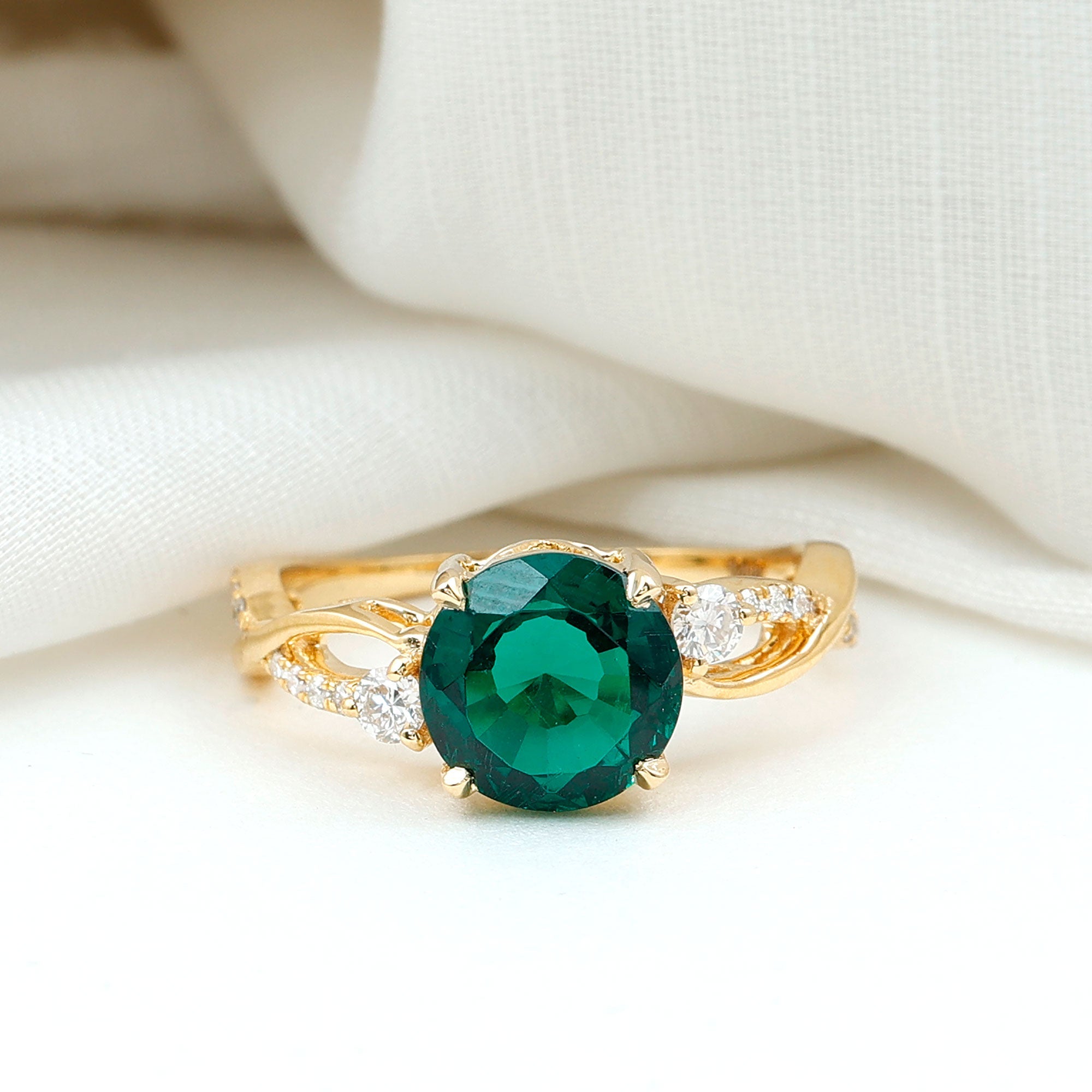 2 Carat Lab Grown Emerald and Diamond Engagement Ring with Crossover Shank