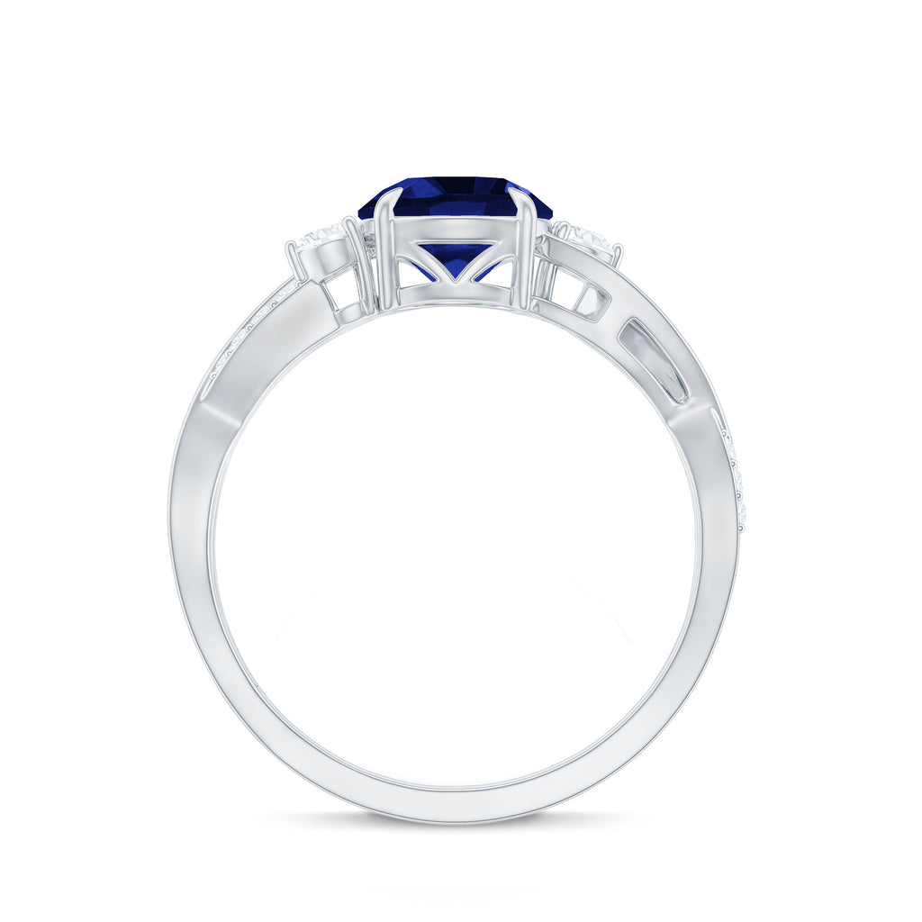 Certified 2.7 Carat Lab Grown Blue Sapphire Engagement Ring with Diamond Crossover Shank