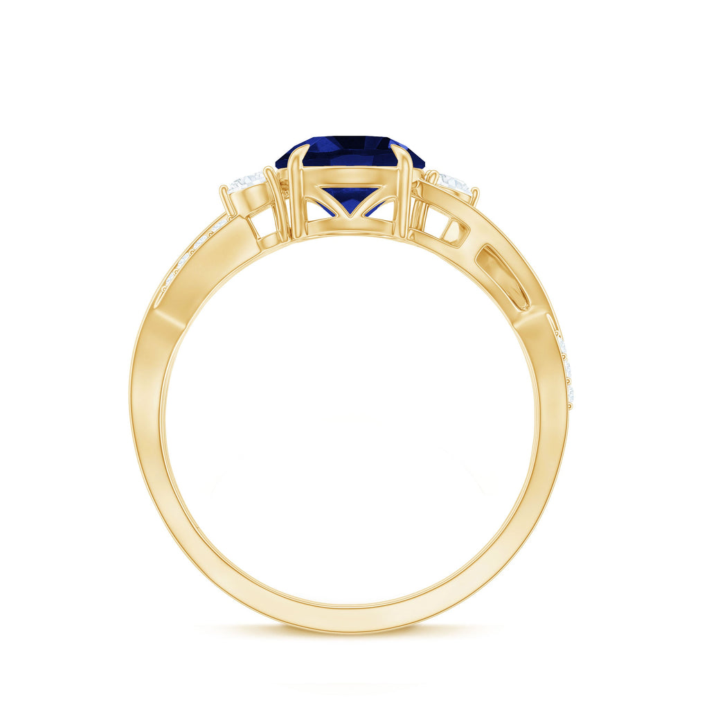 Certified 2.7 Carat Lab Grown Blue Sapphire Engagement Ring with Diamond Crossover Shank