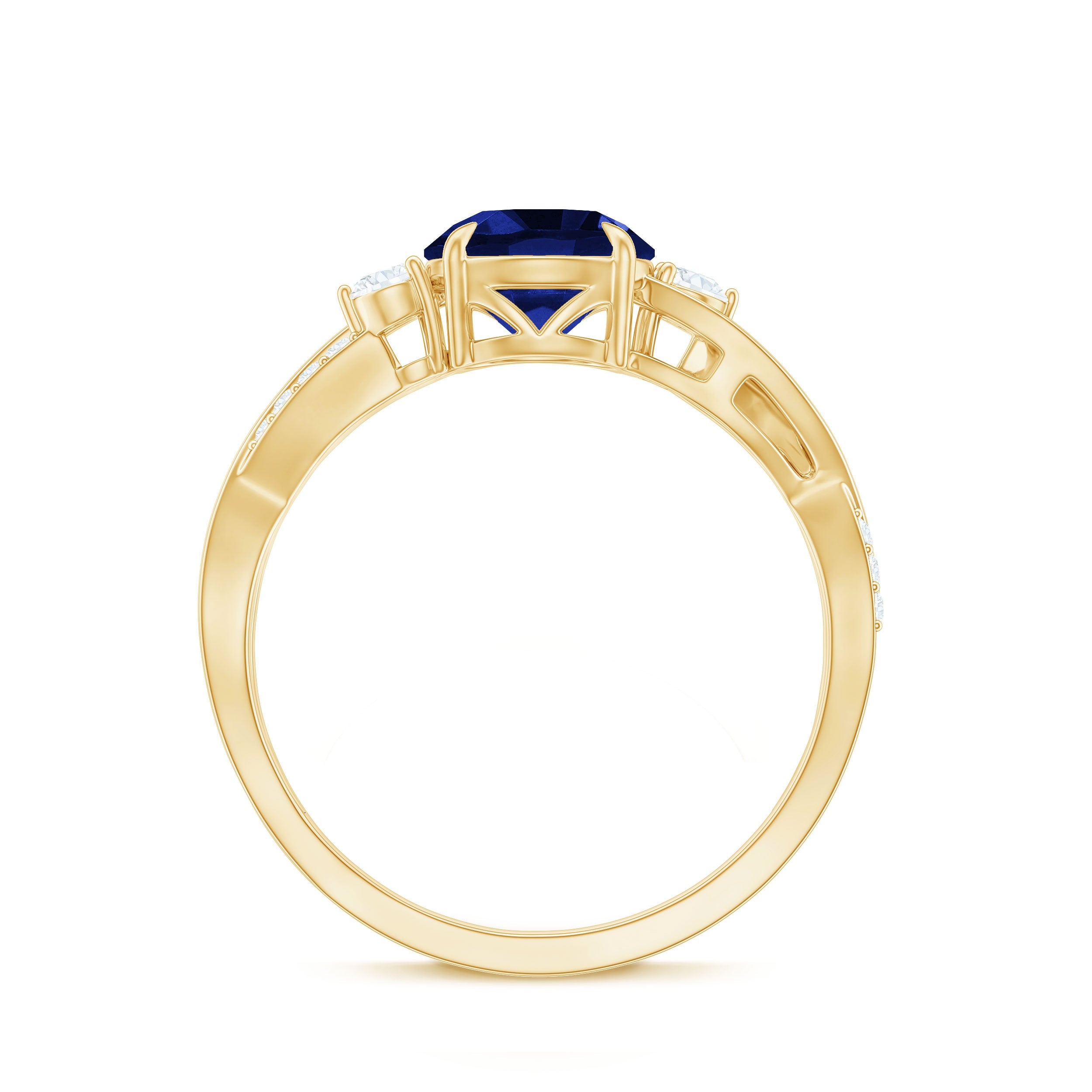 Certified 2.7 Carat Lab Grown Blue Sapphire Engagement Ring with Diamond Crossover Shank