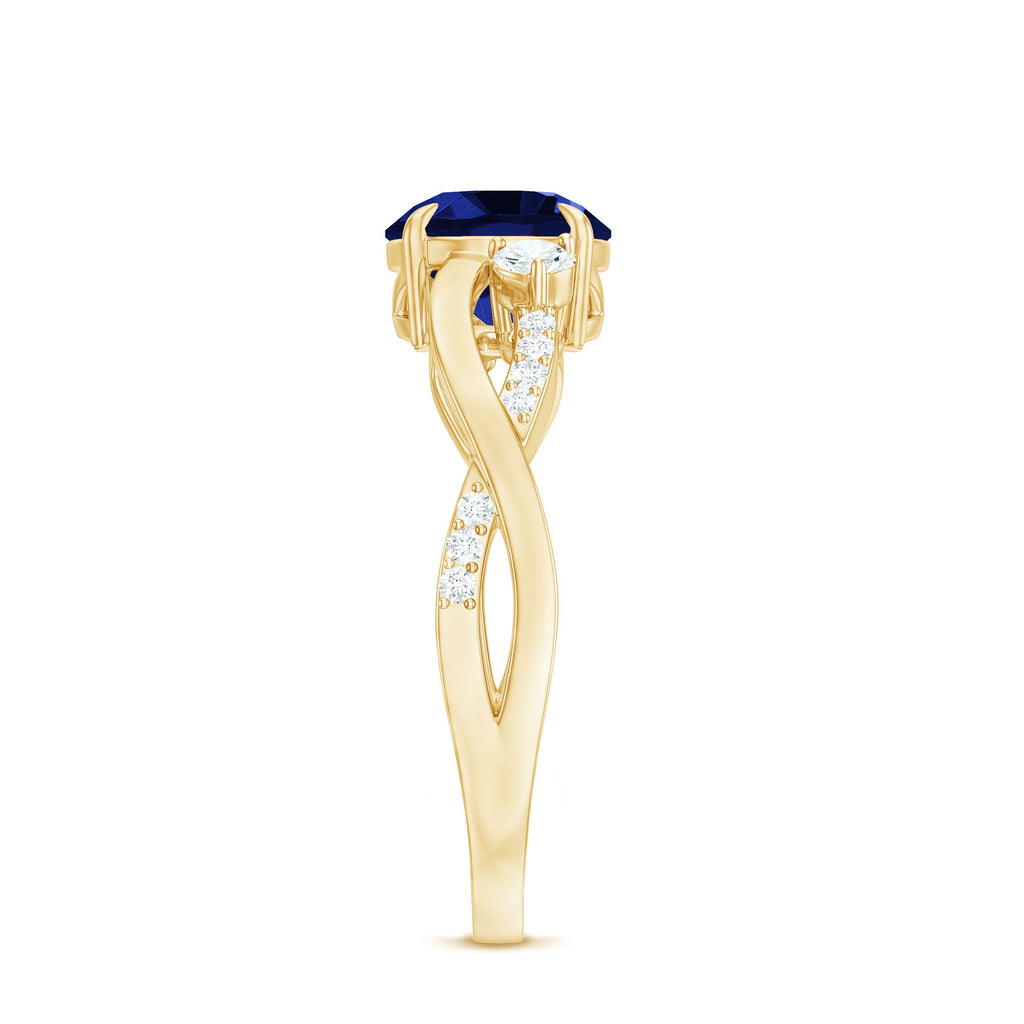 Certified 2.7 Carat Lab Grown Blue Sapphire Engagement Ring with Diamond Crossover Shank