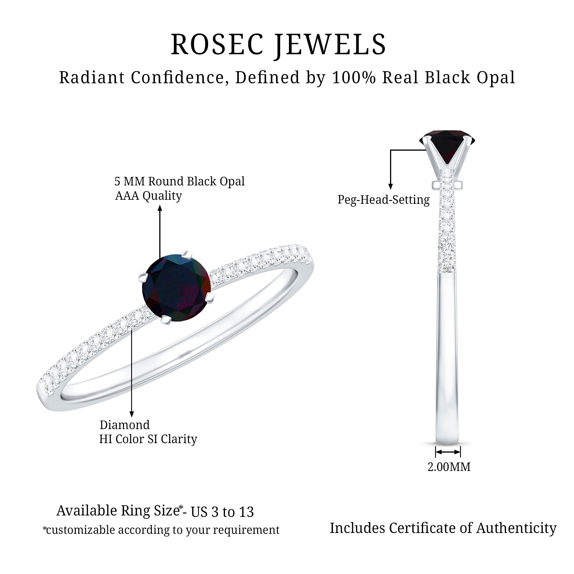 0.4 Carat Round Black Opal Solitaire Engagement Ring with Diamond