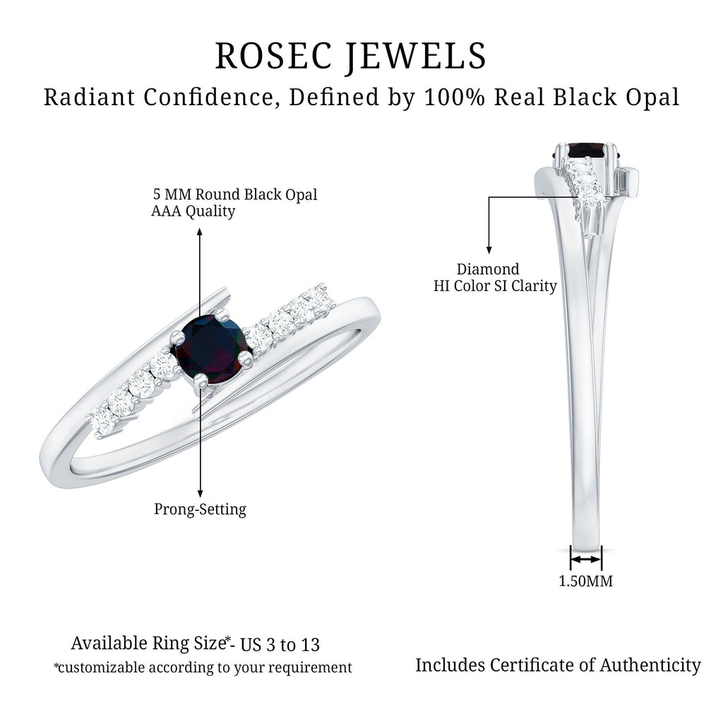 Minimal Round Black Opal and Diamond Bypass Promise Ring