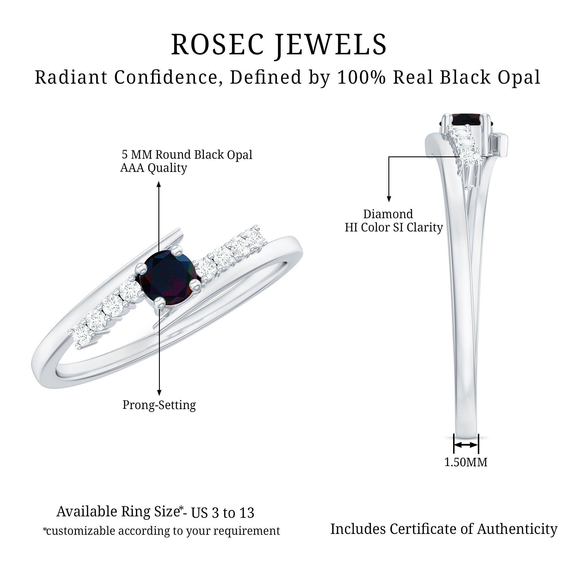 Minimal Round Black Opal and Diamond Bypass Promise Ring